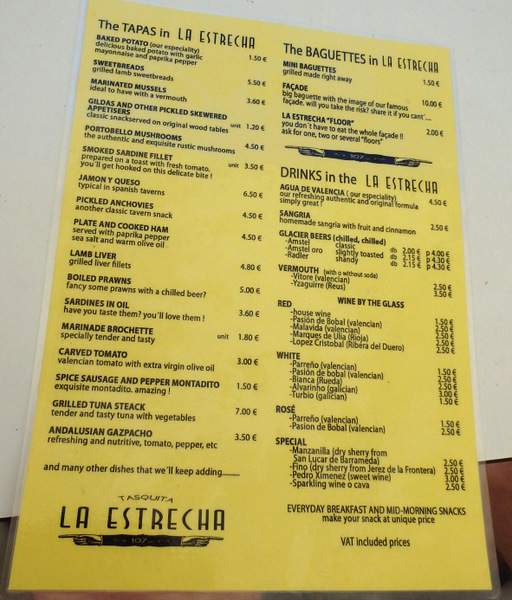 The menu of the Tapas Restaurant, La Estrecha.